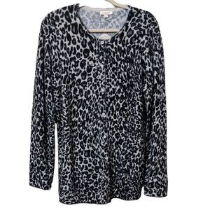 Oddy Leopard print black gray long line tunic sweater soft button close 2XL